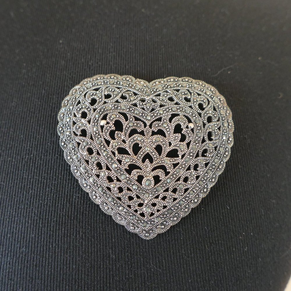 Silver Rhinestone Heart Brooch
